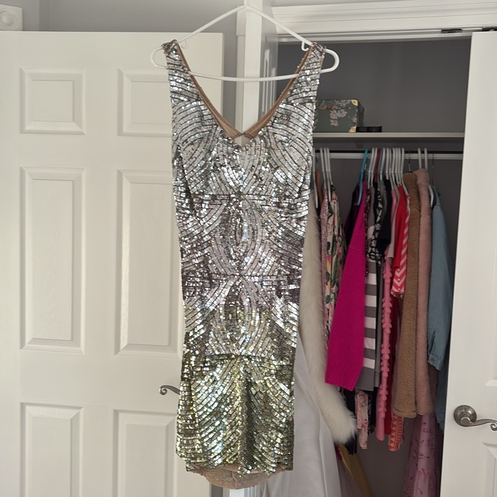 Adrianna Papell Black and Silver Sequin Sheath Dress